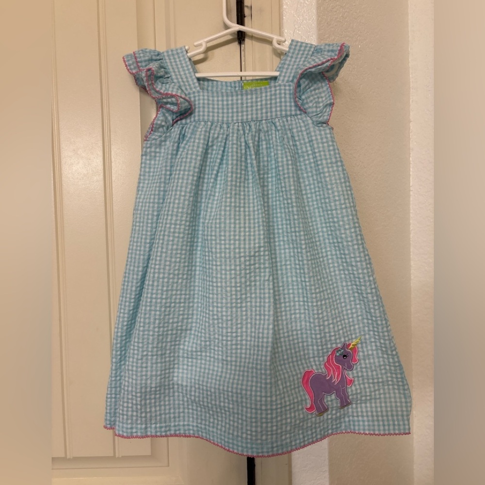 Classic Whimsy Girls Dress Size 5 Unicorn Gingham Boutique Ruffle Sleeve